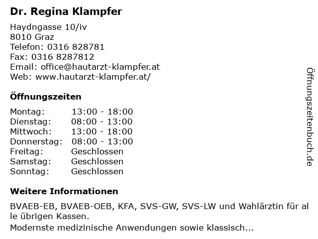 Dr. Regina Klampfer in Graz: Adresse und Öffnungszeiten