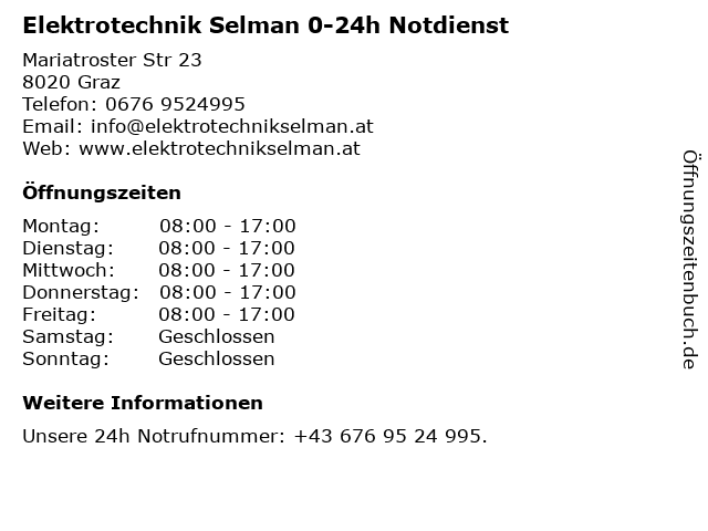 Elektrotechnik Selman 0-24h Notdienst in Graz: Adresse und Öffnungszeiten