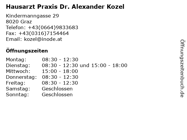 Hausarzt Praxis Dr. Alexander Kozel in Graz: Adresse und Öffnungszeiten