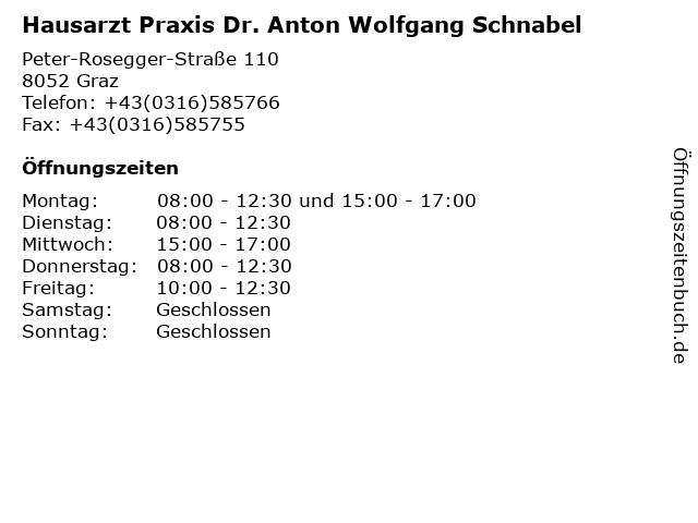 Hausarzt Praxis Dr. Anton Wolfgang Schnabel in Graz: Adresse und Öffnungszeiten