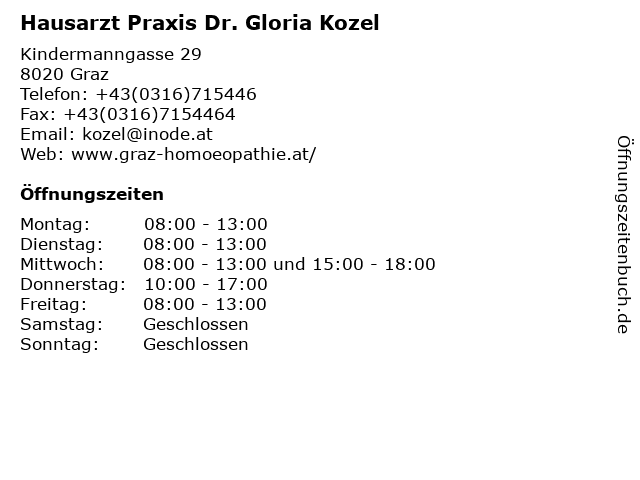 Hausarzt Praxis Dr. Gloria Kozel in Graz: Adresse und Öffnungszeiten