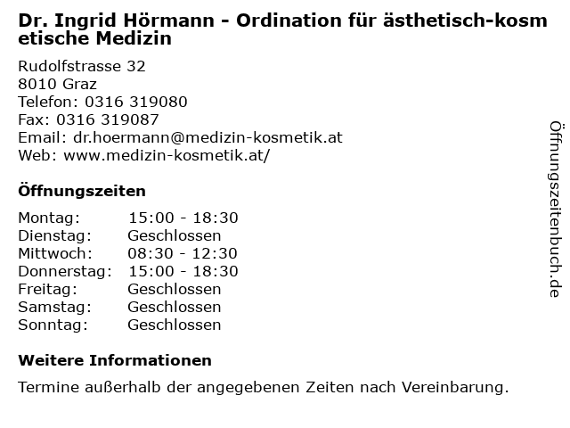 Hörmann Ingrid Dr - Medästhetik in Graz: Adresse und Öffnungszeiten