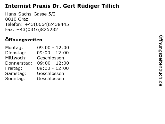 Internist Praxis Dr. Gert Rüdiger Tillich in Graz: Adresse und Öffnungszeiten