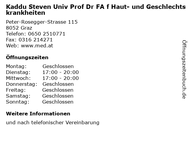 Kaddu Steven Univ Prof Dr FA f Haut- und Geschlechtskrankheiten in Graz: Adresse und Öffnungszeiten