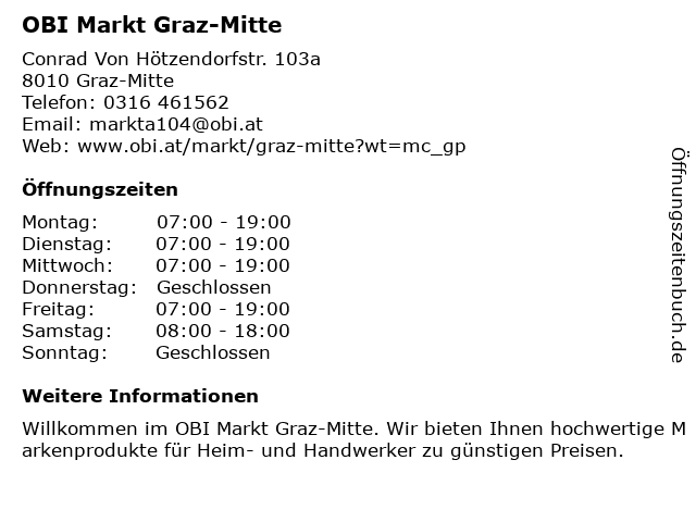 OBI Markt Graz-Mitte in Graz-Mitte: Adresse und Öffnungszeiten