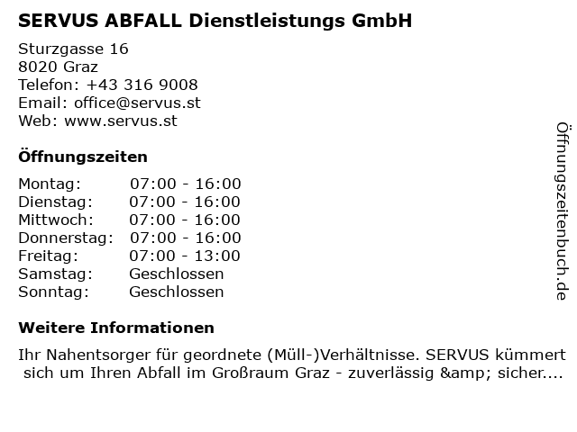 SERVUS ABFALL Dienstleistungs GmbH in Graz: Adresse und Öffnungszeiten