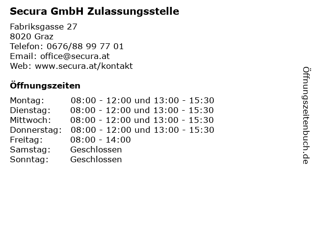 Secura GmbH Zulassungsstelle in Graz: Adresse und Öffnungszeiten