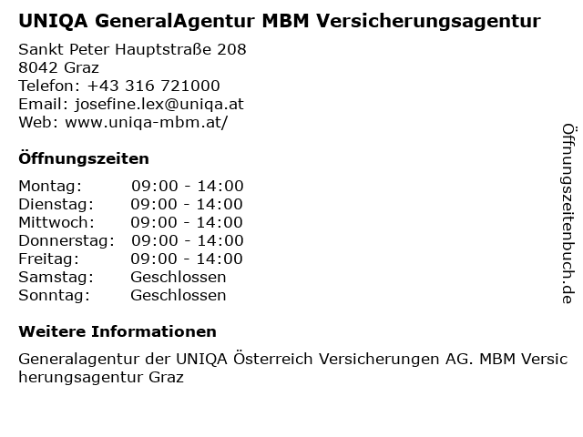 UNIQA GeneralAgentur MBM Meierhofer Messerschmidt OG in Graz: Adresse und Öffnungszeiten