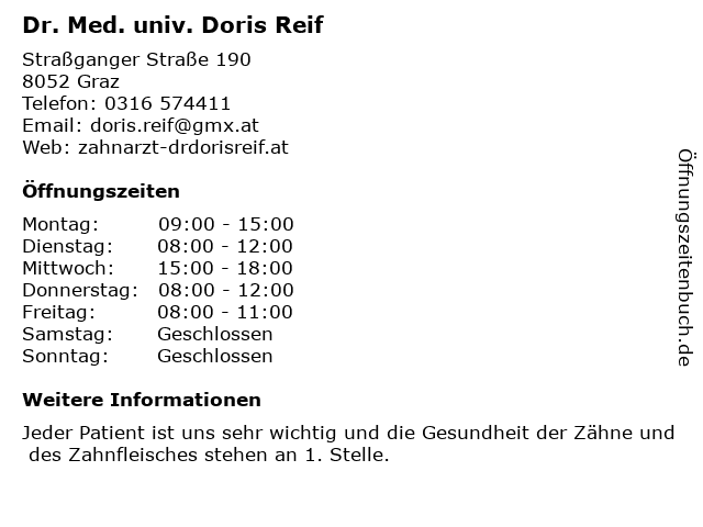 Zahnarztpraxis Dr. Doris Reif in Graz-Wetzelsdorf: Adresse und Öffnungszeiten