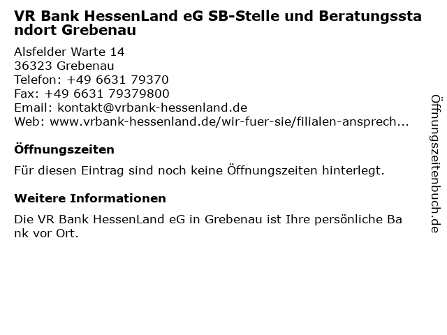 ᐅ Offnungszeiten Vr Bank Hessenland Eg Geschaftsstelle Grebenau