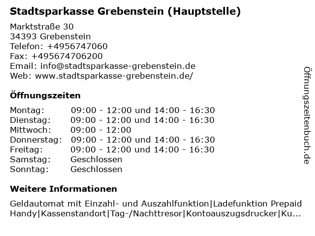 ᐅ Offnungszeiten Stadtsparkasse Grebenstein Hauptstelle Grebenstein Marktstrasse 30 In Grebenstein
