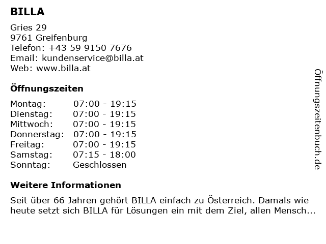 BILLA AG in Greifenburg: Adresse und Öffnungszeiten