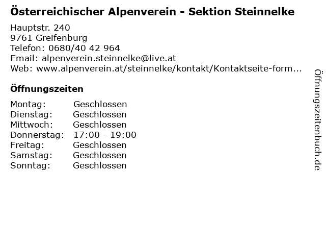 Österreichischer Alpenverein - Sektion Steinnelke in Greifenburg: Adresse und Öffnungszeiten