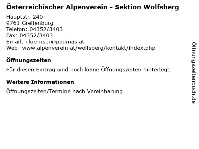 Österreichischer Alpenverein - Sektion Wolfsberg in Greifenburg: Adresse und Öffnungszeiten