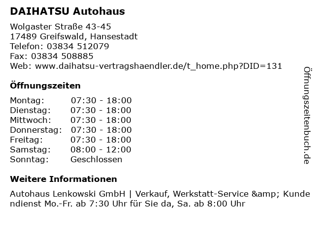 DAIHATSU Autohaus in Greifswald, Hansestadt: Adresse und Öffnungszeiten