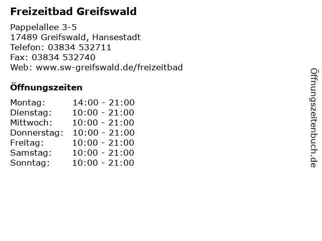 Freizeitbad Greifswald in Greifswald, Hansestadt: Adresse und Öffnungszeiten