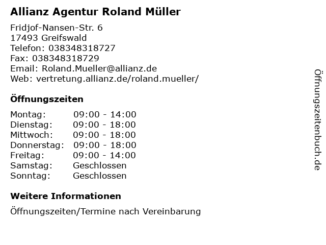 Allianz Agentur Roland Müller in Greifswald: Adresse und Öffnungszeiten