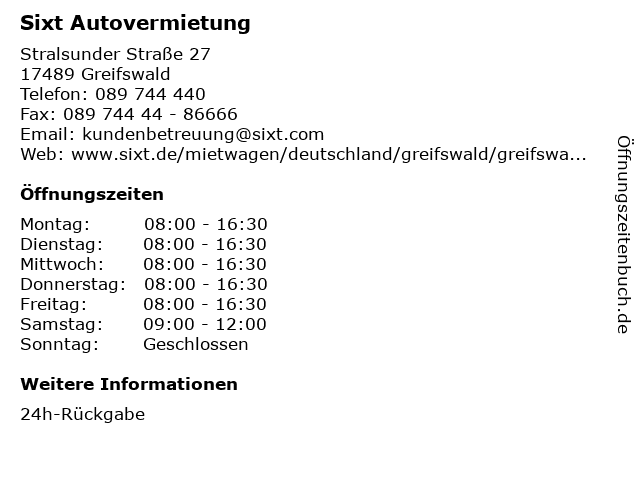 Autovermietung Sixt GmbH in Greifswald: Adresse und Öffnungszeiten