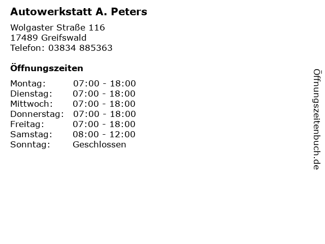 Autowerkstatt A. Peters in Greifswald: Adresse und Öffnungszeiten