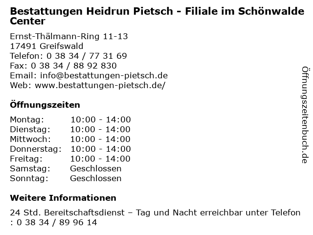 Bestattungen Heidrun Pietsch - Filiale im Schönwalde Center in Greifswald: Adresse und Öffnungszeiten
