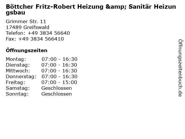 Böttcher Fritz-Robert Heizung & Sanitär Heizungsbau in Greifswald: Adresse und Öffnungszeiten
