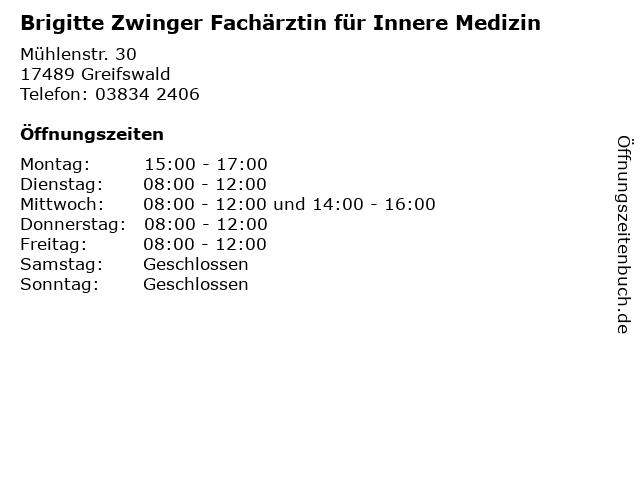 Brigitte Zwinger Fachärztin für Innere Medizin in Greifswald: Adresse und Öffnungszeiten