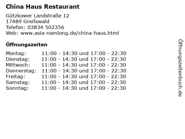 China Haus Restaurant in Greifswald: Adresse und Öffnungszeiten