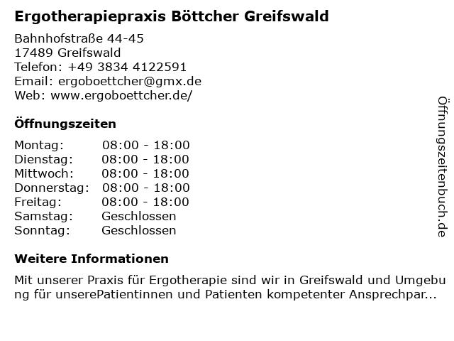 Ergotherapiepraxis Böttcher Greifswald in Greifswald: Adresse und Öffnungszeiten