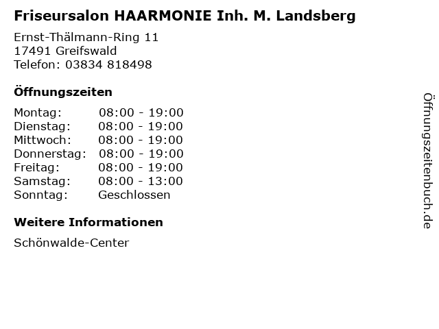 Friseursalon HAARMONIE Inh. M. Landsberg in Greifswald: Adresse und Öffnungszeiten