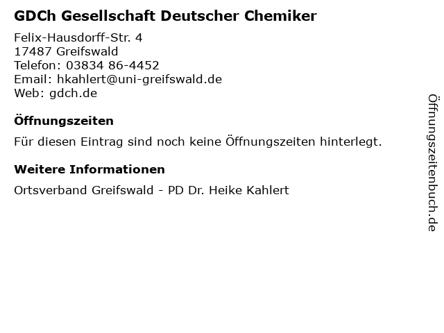 GDCh Gesellschaft Deutscher Chemiker in Greifswald: Adresse und Öffnungszeiten