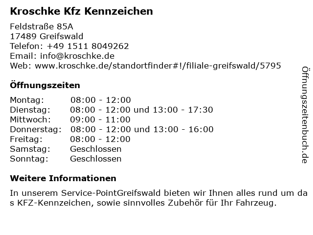 Kroschke Kfz Kennzeichen in Greifswald: Adresse und Öffnungszeiten