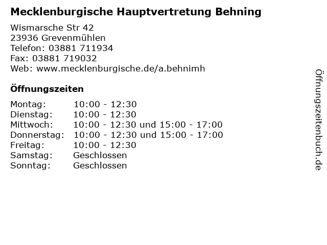 Mecklenburgische Hauptvertretung Behning in Grevenmühlen: Adresse und Öffnungszeiten