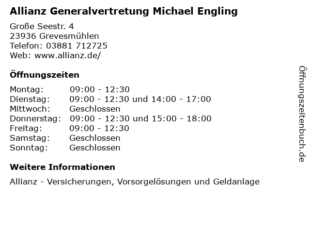 Allianz Generalvertretung Michael Engling in Grevesmühlen: Adresse und Öffnungszeiten