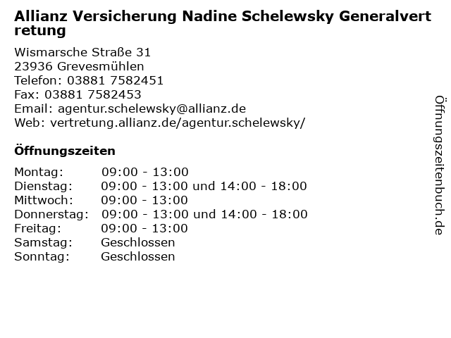 Allianz Hauptvertretung Nadine Schelewsky in Grevesmühlen: Adresse und Öffnungszeiten