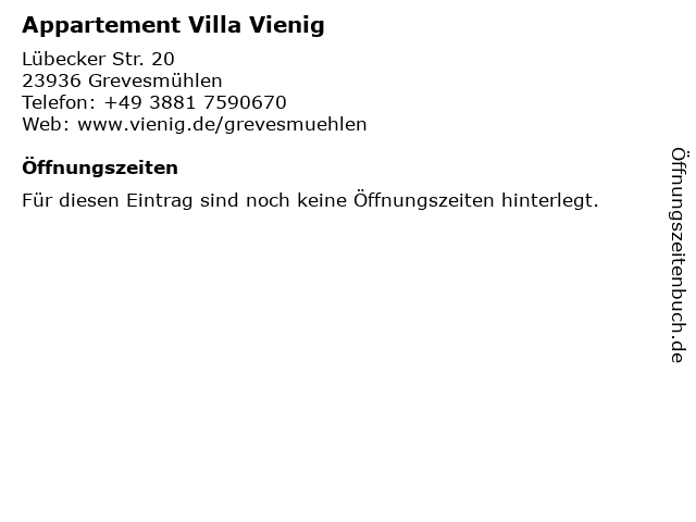 Appartement Villa Vienig in Grevesmühlen: Adresse und Öffnungszeiten