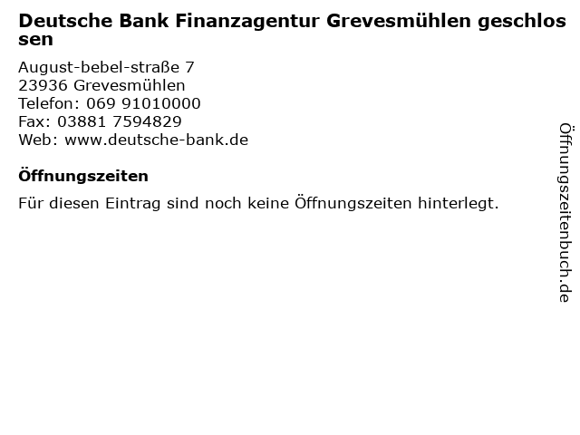 Deutsche Bank Finanzagentur Grevesmühlen in Grevesmühlen: Adresse und Öffnungszeiten