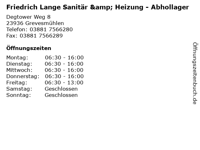 Friedrich Lange Sanitär & Heizung - Abhollager in Grevesmühlen: Adresse und Öffnungszeiten