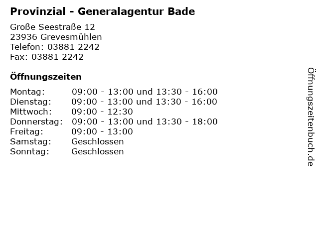 Provinzial - Generalagentur Bade in Grevesmühlen: Adresse und Öffnungszeiten