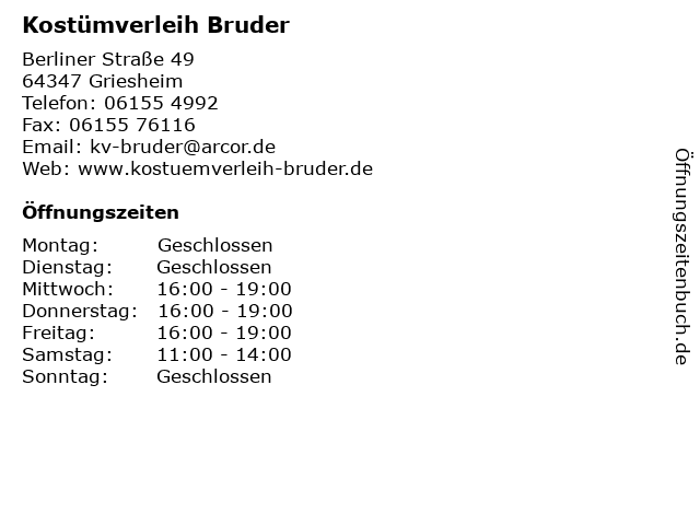 Kostümverleih Bruder in Griesheim: Adresse und Öffnungszeiten