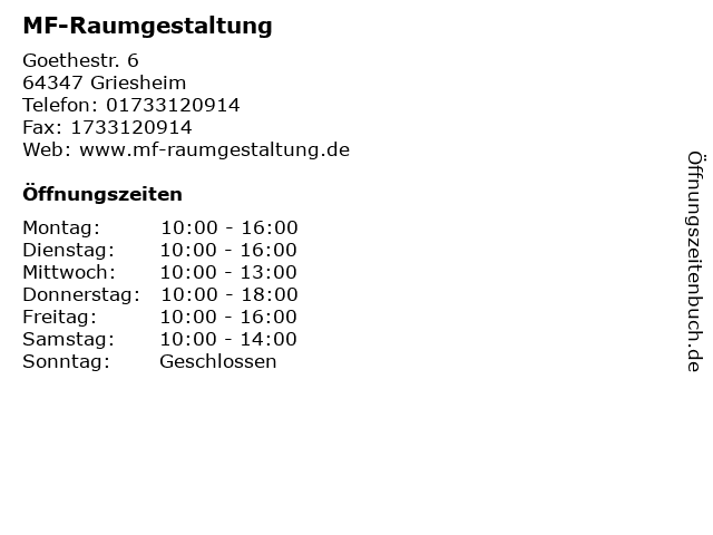 ᐅ Öffnungszeiten „MF-Raumgestaltung“ | Goethestr. 6 in Griesheim