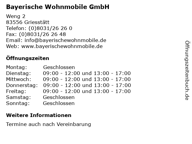 Bayerische Wohnmobile GmbH in Griesstätt: Adresse und Öffnungszeiten