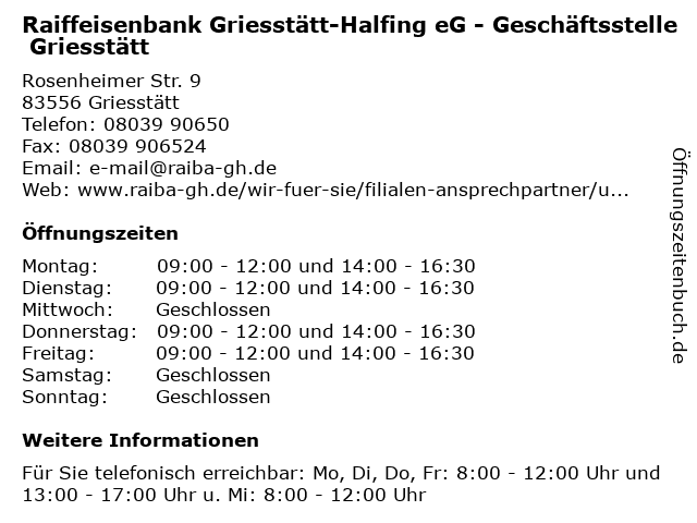 Raiffeisenbank Griesstätt-Halfing eG - Geschäftsstelle Griesstätt in Griesstätt: Adresse und Öffnungszeiten