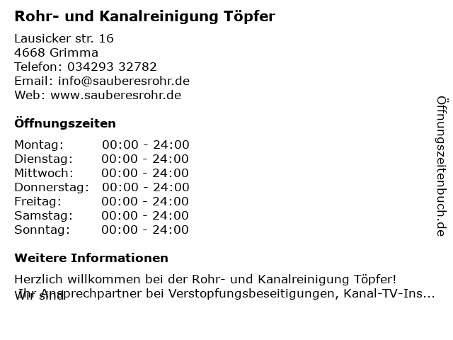 Rohr- und Kanalreinigung Töpfer in Grimma: Adresse und Öffnungszeiten