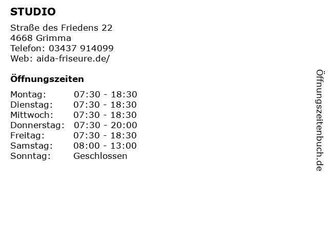 ᐅ Öffnungszeiten „STUDIO“ | Straße des Friedens 22 in Grimma