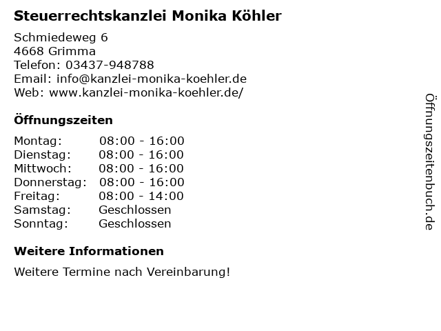 Steuerrechtskanzlei Monika Köhler in Grimma: Adresse und Öffnungszeiten