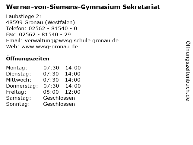 Werner-von-Siemens-Gymnasium Sekretariat in Gronau (Westfalen): Adresse und Öffnungszeiten