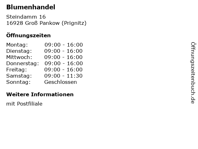 Blumenhandel in Groß Pankow (Prignitz): Adresse und Öffnungszeiten