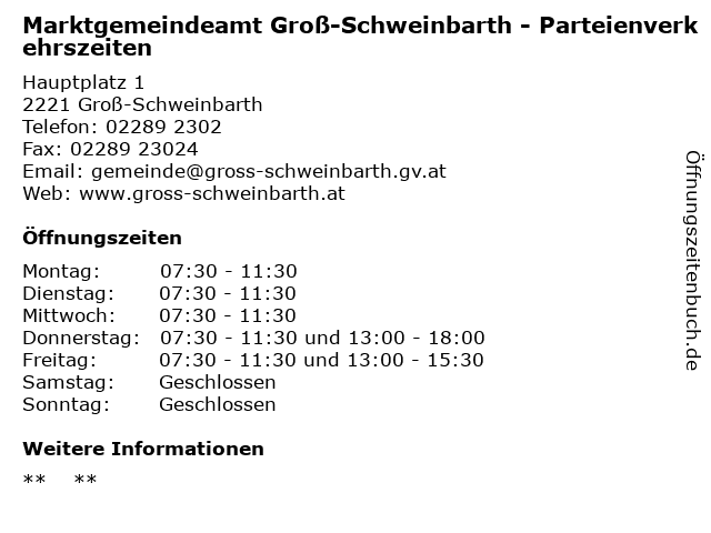 Marktgemeindeamt Groß-Schweinbarth - Parteienverkehrszeiten in Groß-Schweinbarth: Adresse und Öffnungszeiten