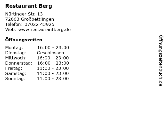 Restaurant Berg in Großbettlingen: Adresse und Öffnungszeiten