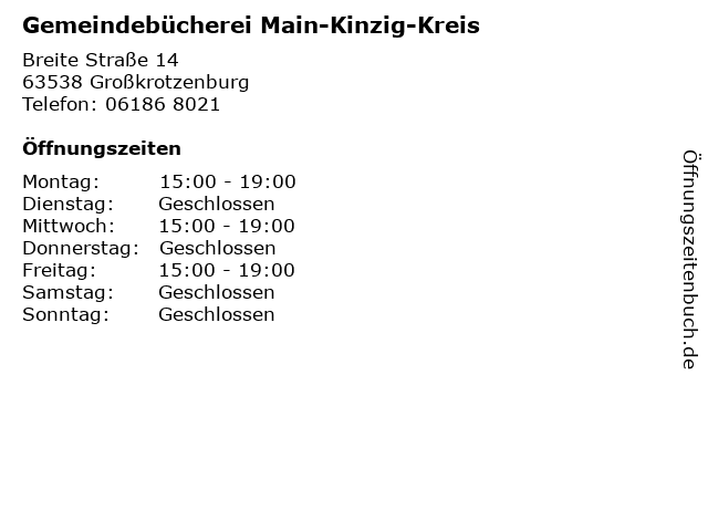 Gemeindebücherei Main-Kinzig-Kreis in Großkrotzenburg: Adresse und Öffnungszeiten